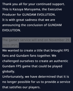 Gundam Evolution shutting down