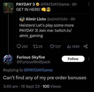 Payday 3 pre-ordering rewards missing