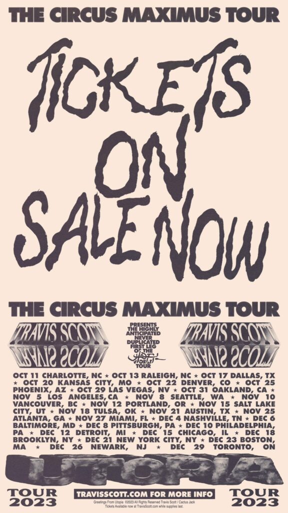 Travis Scott Utopia Circus Maximus Tour 2023 second show dates