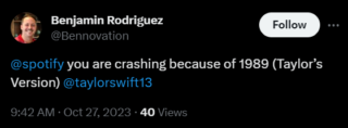 Spotify crashing after Taylor Swift's 1989 album release