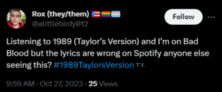 Spotify wrong lyrics for Taylor Swift's 1899 album