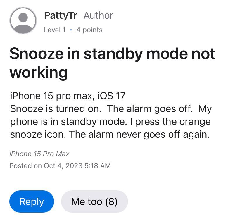 iPhone alarm snooze not working in StandBy mode on iOS 17