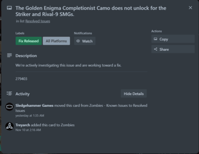 Modern Warfare 3 Zombies Gold Enigma camo report