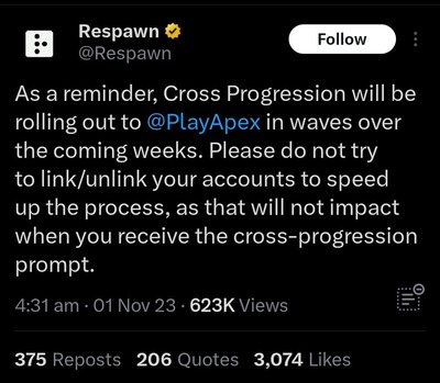 Apex Legend cross progression user report
