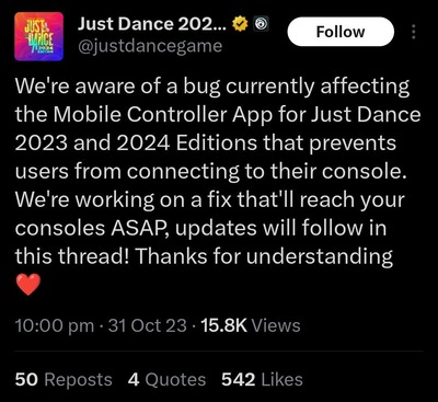 just dance Controller app not working acknowledgement