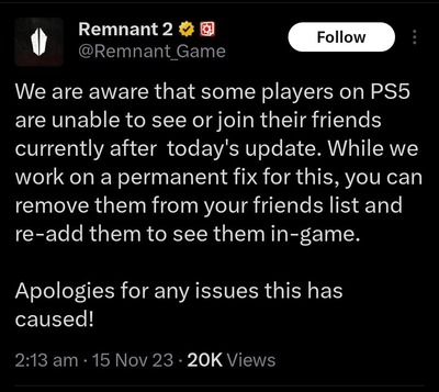 Remnant 2 error PS5 ack