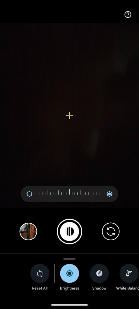 A-screenshot-of-Pixel-Camera-app-viewfinder-with-hidden-brightness-shadow-white-balance-sliders