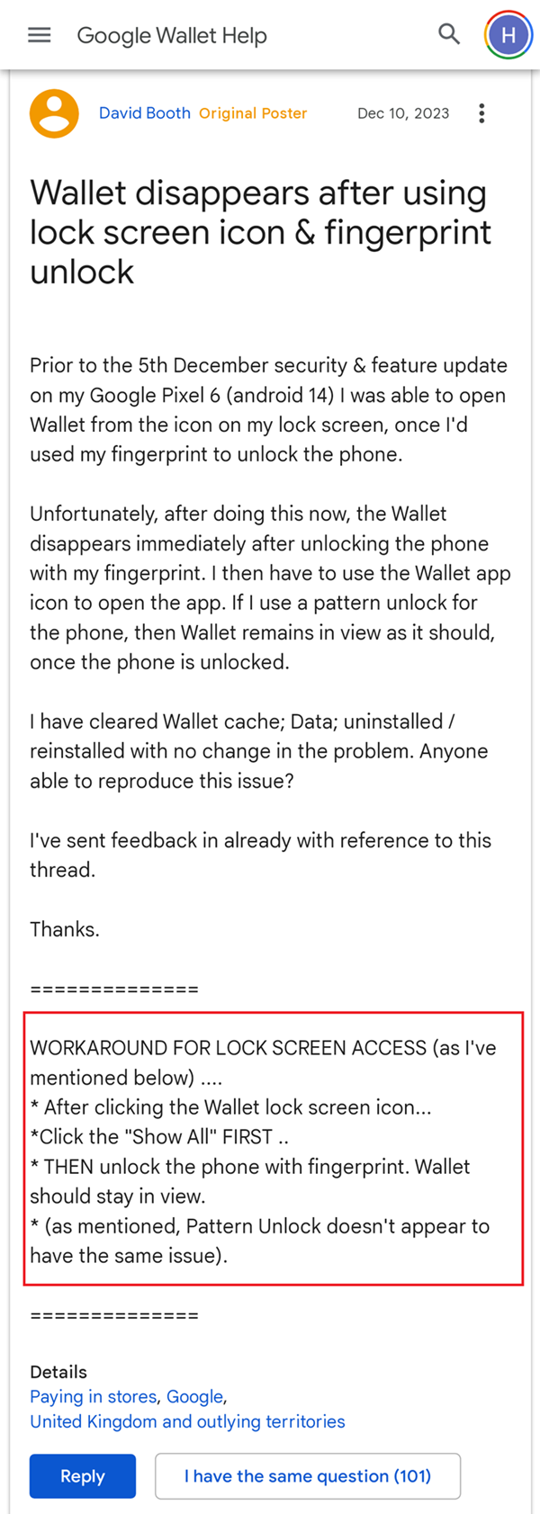 A-screenshot-of-reports-and-workaround-from-Google-Wallet-users-about-the-app-crashing-on-Pixel-phones-when-using-fingerprint-unlock