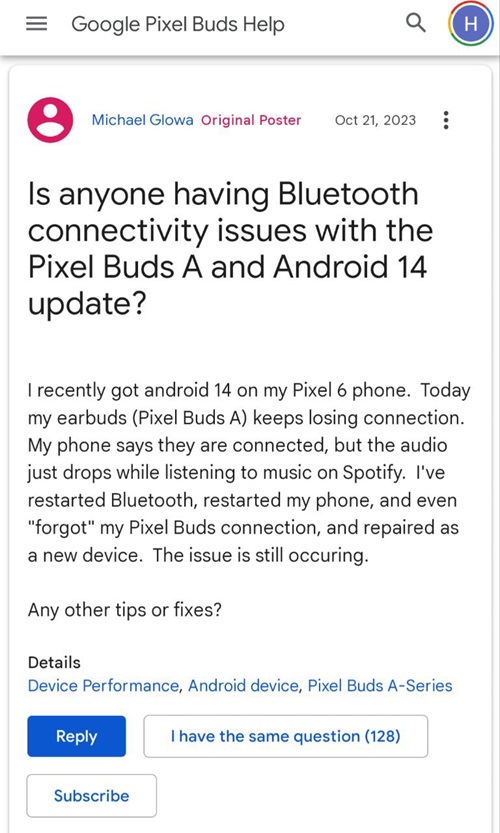 Google-Pixel-Buds-A-Series-audio-dropping-out-on-Android-14
