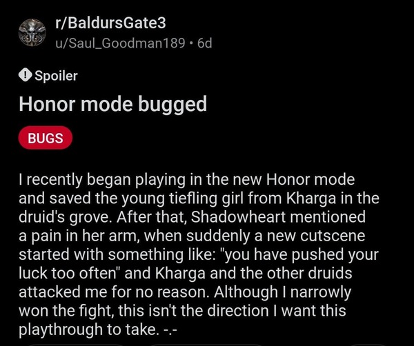Baldur's Gate 3 Honour Mode report