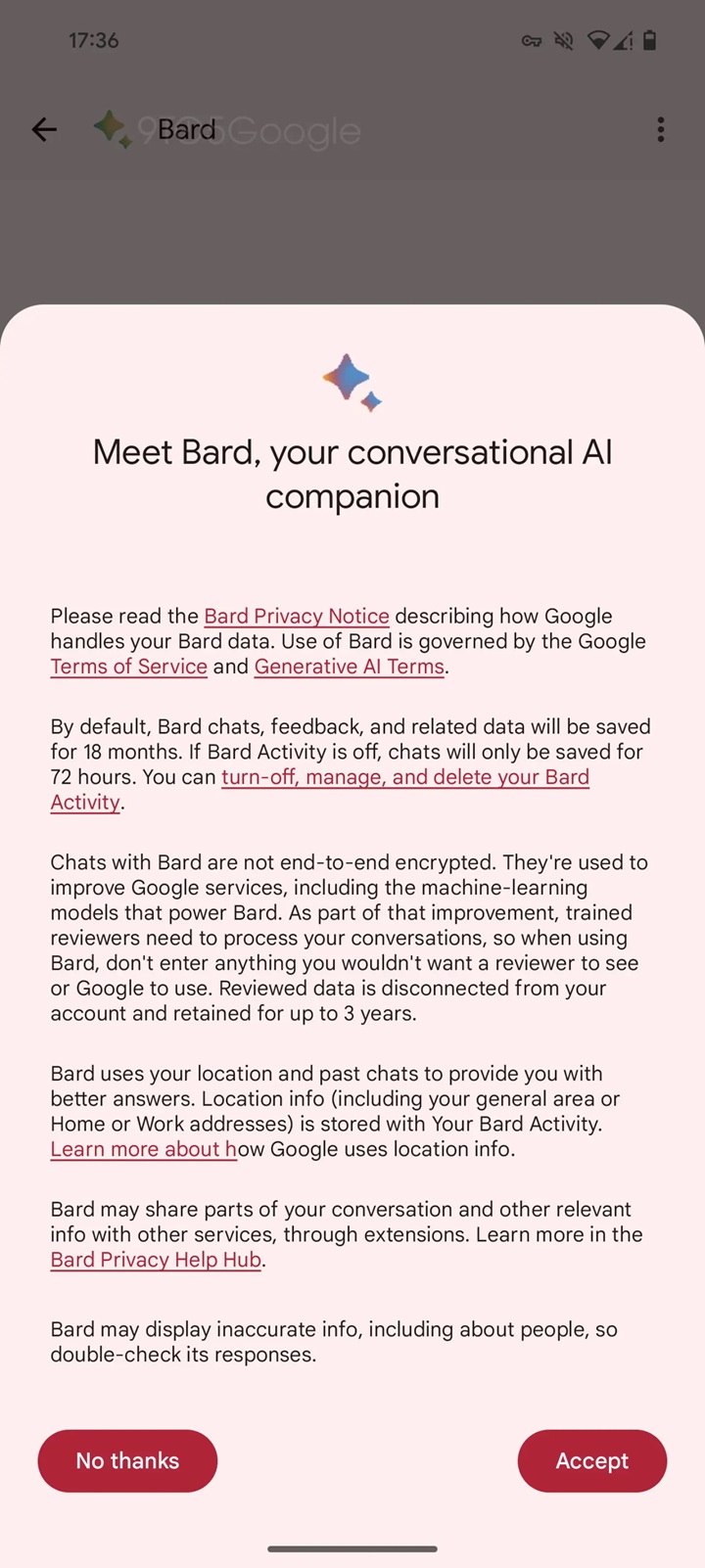 Bard terms of service in Google Messages app