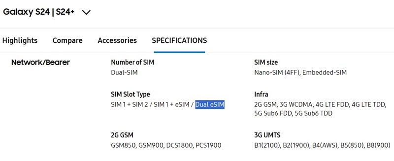 Samsung-Galaxy-S24-specs-sheet-showing-dual-eSIM-support