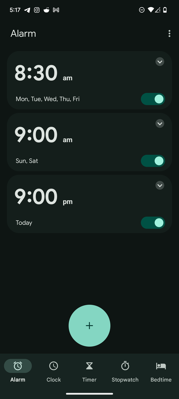 Google Clock showing alarms