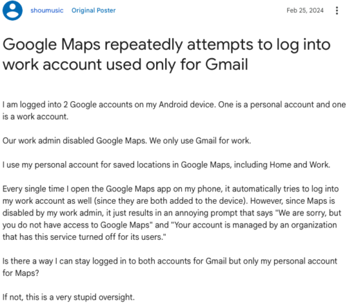 Google Maps repeatedly attempts to log into work account used only for Gmail