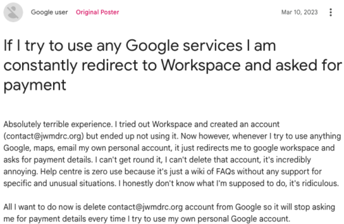 Google services redirecting to Workspace and asking for payment