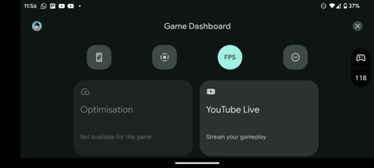 Google Pixel Game Dashboard FPS counter showing two dashes