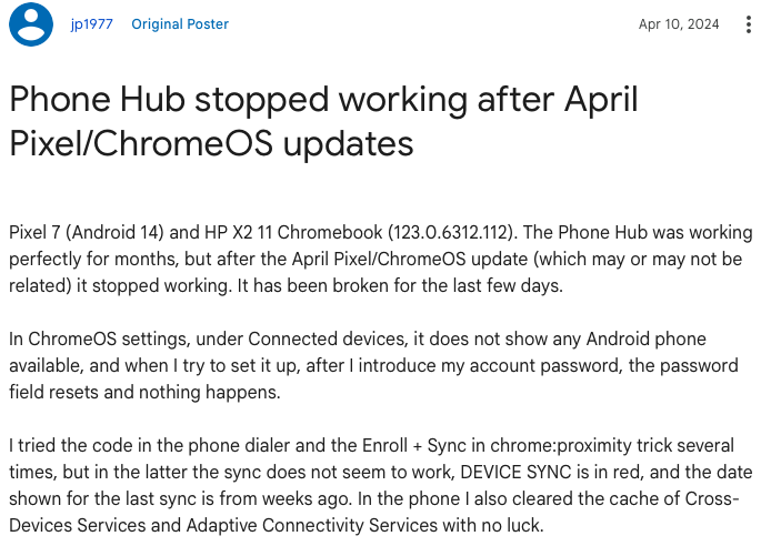 Phone Hub stopped working after April Pixel/ChromeOS updates