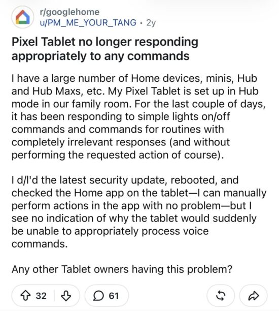 Pixel Tablet not responding appropriately to any commands