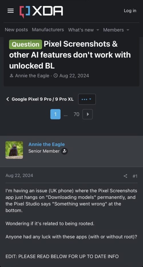 Pixel Screenshots & other AI features don't work with unlocked BL