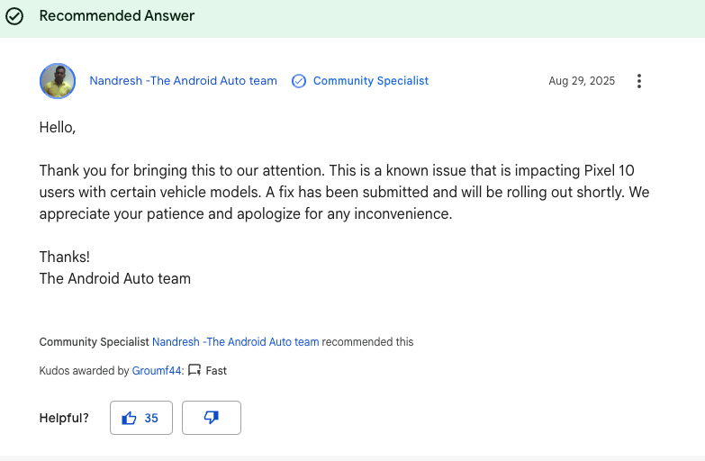 google-acknowledges-pixel10-android-auto-issue