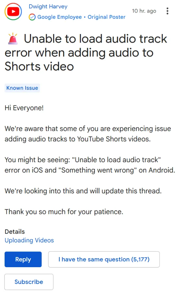 youtube-acknowledges-unable-to-load-track-shorts-videos