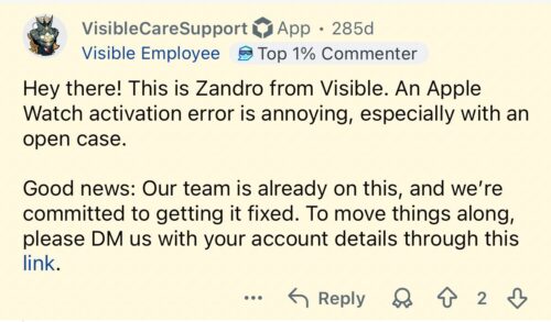 Apple watch activation error on Visible