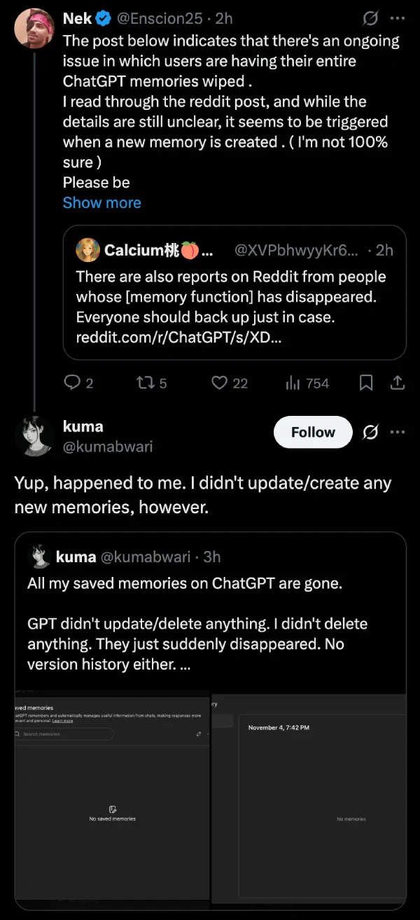 chatgpt-memories-gone-complaint-on-x