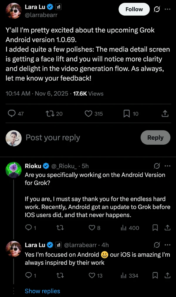 lara-lu-grok-android-new-features-improvements-post-on-x