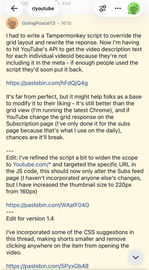 YouTube subscriptions feed change