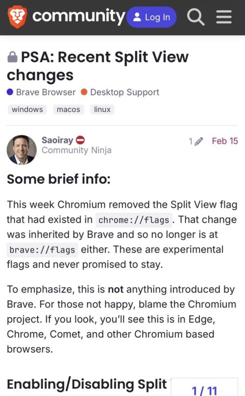 Brave browser Split View change