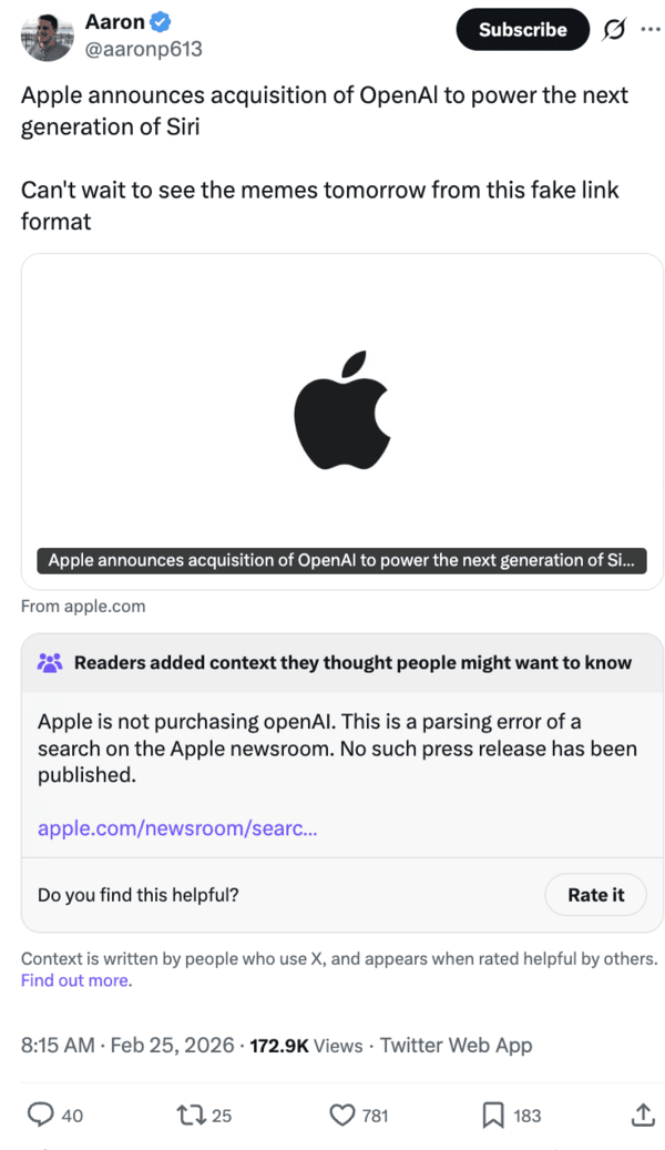Una advertencia sobre los títulos falsos de Apple Newsroom.