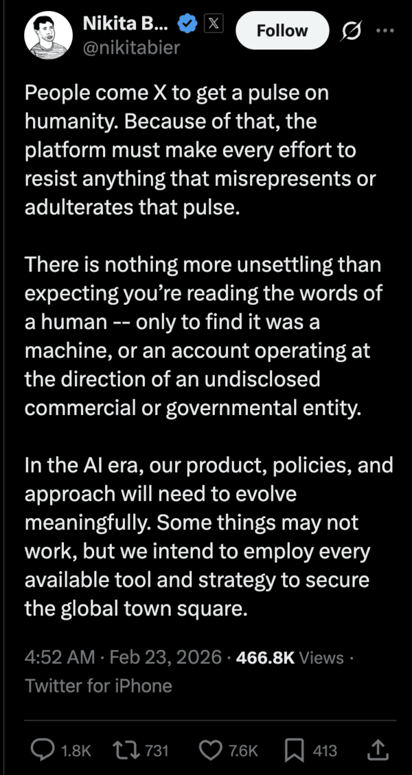 Screenshot of a post from Nikita Bier commenting about AI content on X.