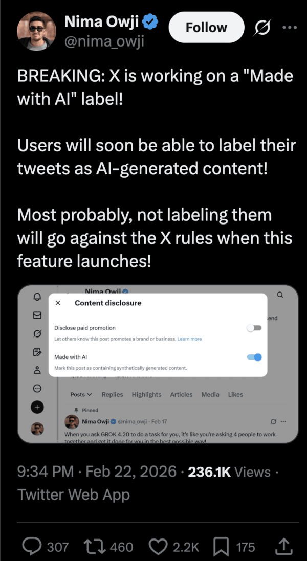 A post from Nima Owji, showing the new AI label for posts on X.