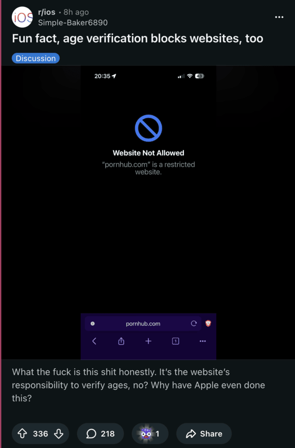 Captura de pantalla de una publicación que muestra que se requiere verificación de edad para usar Tinder.
