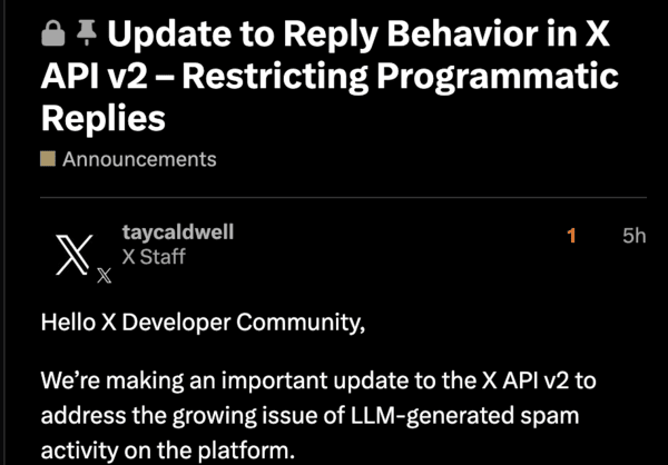 Image shows a post from X Developers, describing the new API changes.