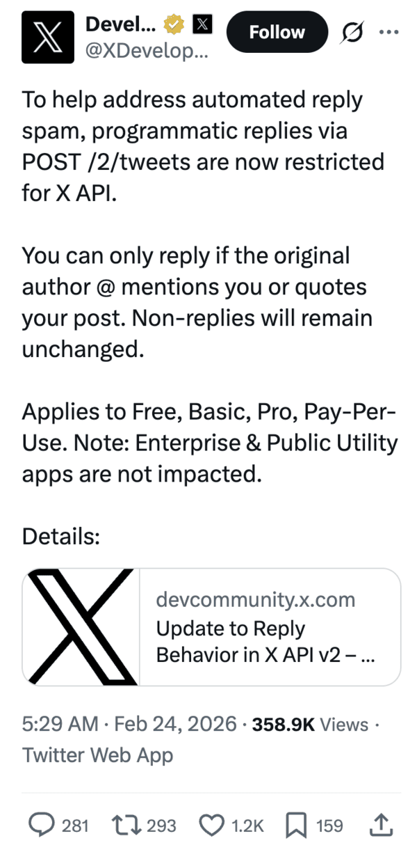 Post on X describing the new API Limits.