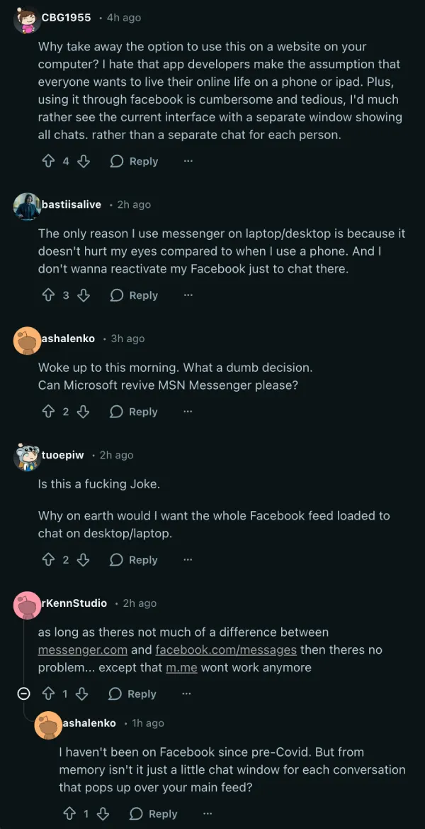 reacciones al cierre de Messenger.com en Reddit