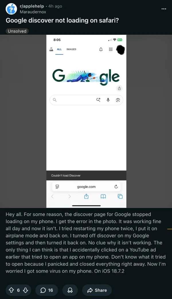 Google Discover feed throwing 'Couldn't load' error on Safari for iPhones