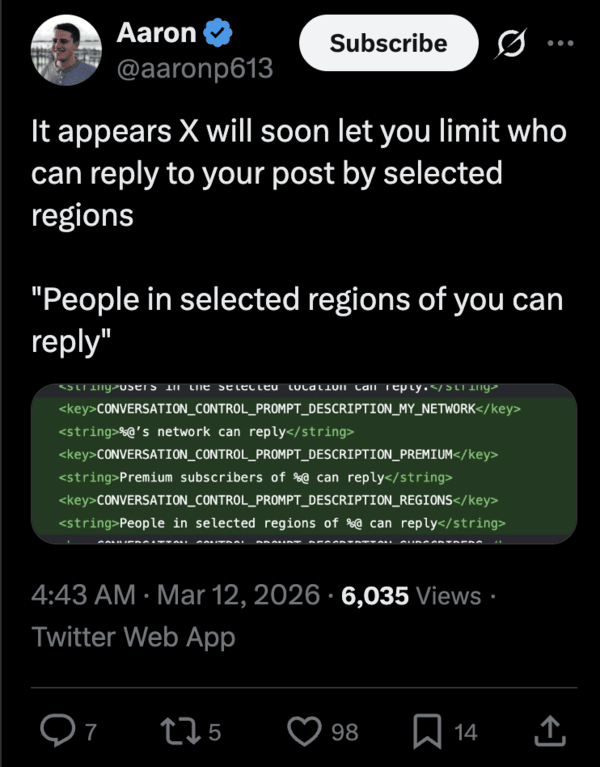 People in selected regions can reply: New X feature under testing.