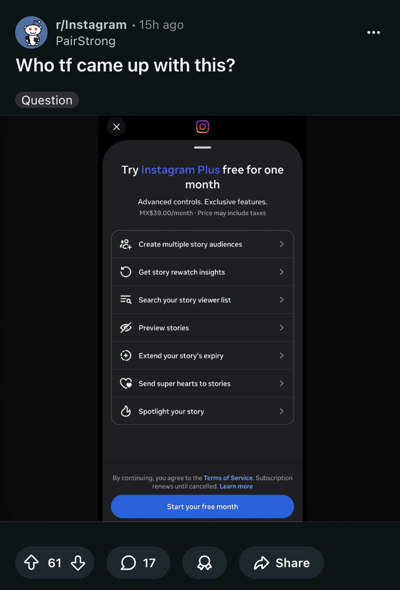 Publicación de Reddit sobre Instagram Plus.