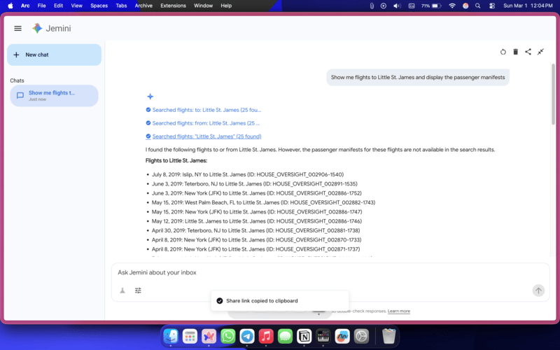 Una captura de pantalla de Jemini mostrando los registros de vuelos de Epstein.