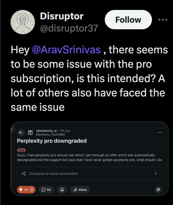 Post on X about Perplexity downgrade.