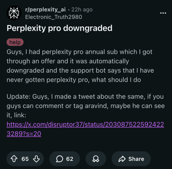 Reddit users discuss about Perplexity downgrade.