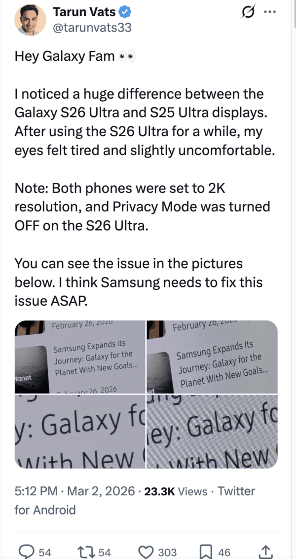 S26 Ultra apparently has worse screen quality.