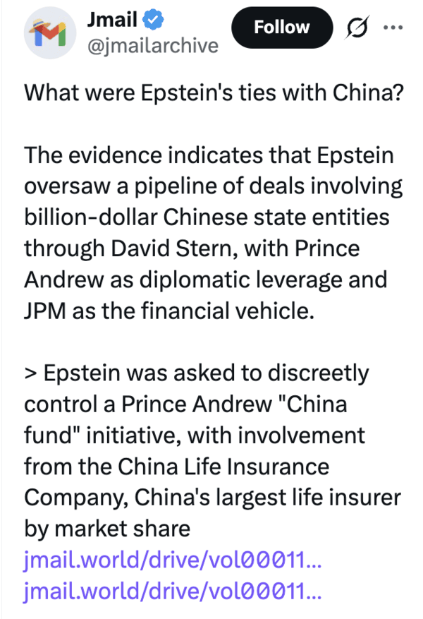 Una publicación de Jmail que hace referencia a los vínculos de Epstein con China.