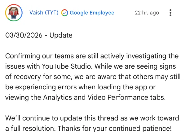 actualización de estado de YouTube Studio