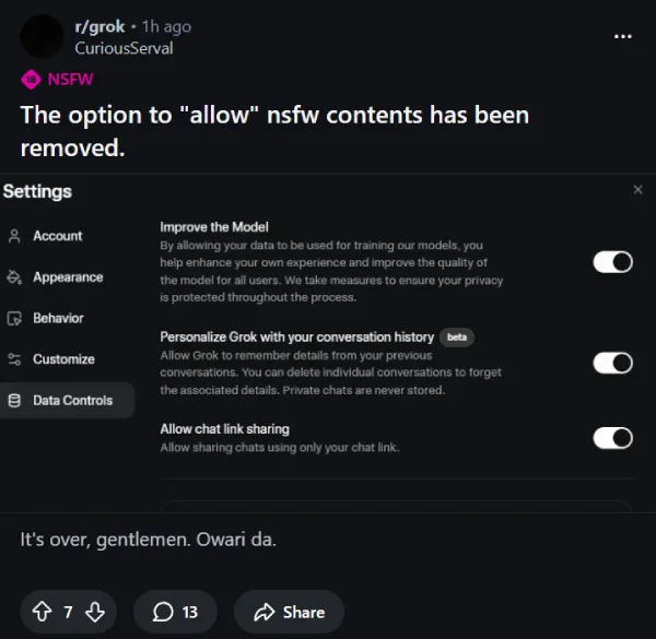 Grok's NSFW settings option appears to have been removed(00)
