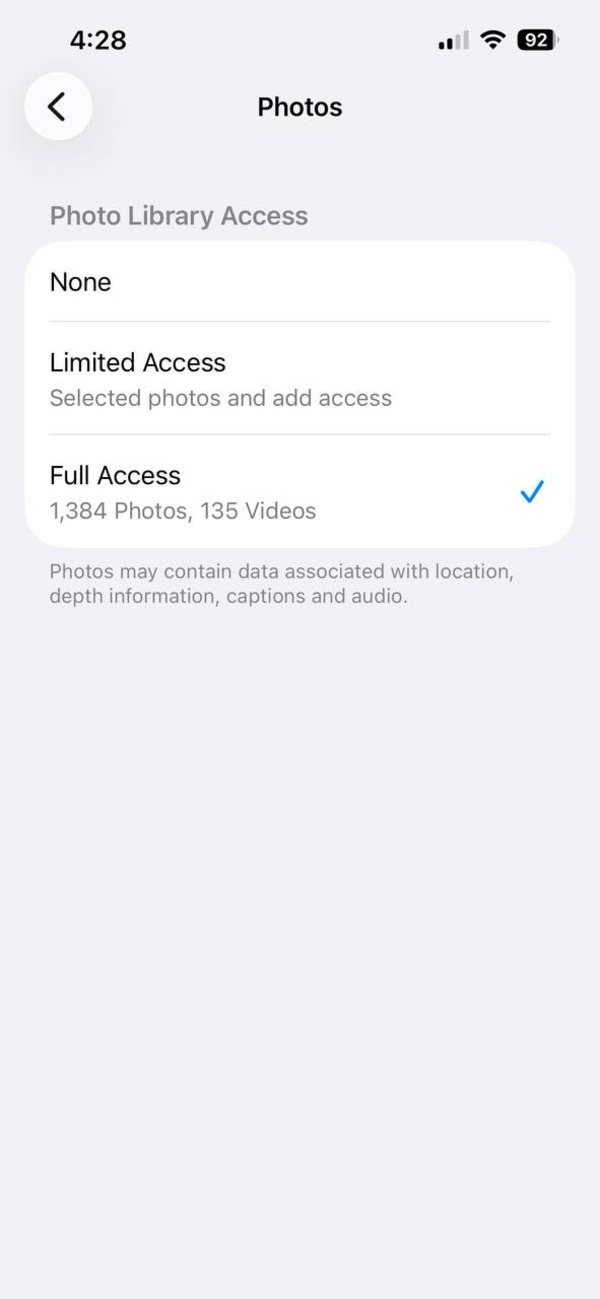 Captura de pantalla de permisos en iOS.