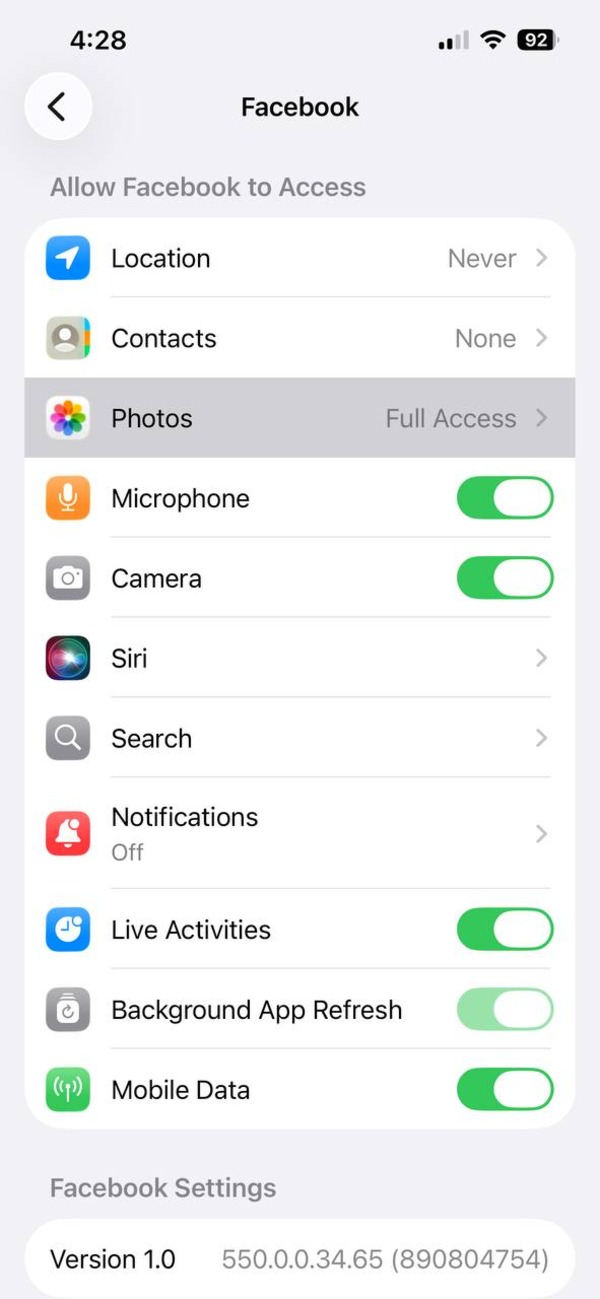 Captura de pantalla de iOS de Configuración.