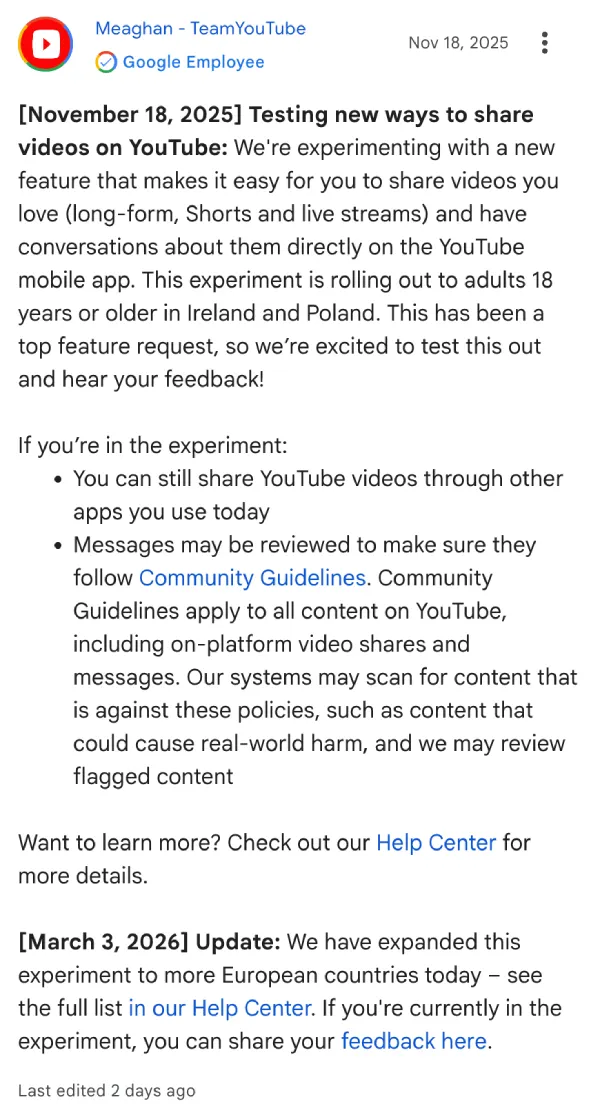 youtube-direct-messaging-experiment-2026
